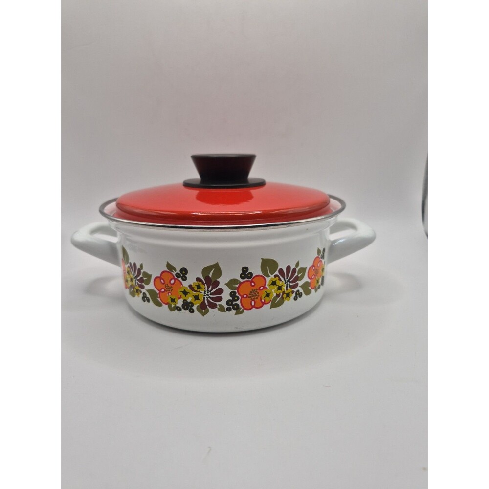 Austria Email Casserole Pot Vintage White Orange Floral Enamelware MCM Cookware
